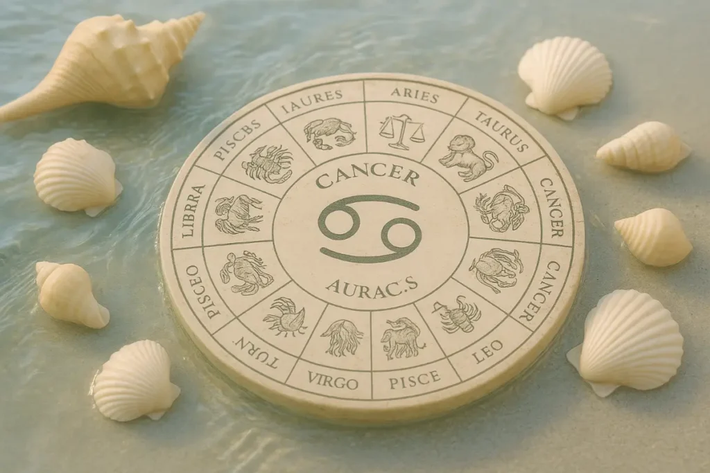 Cancer zodiac wheel surrounded by seashells and water