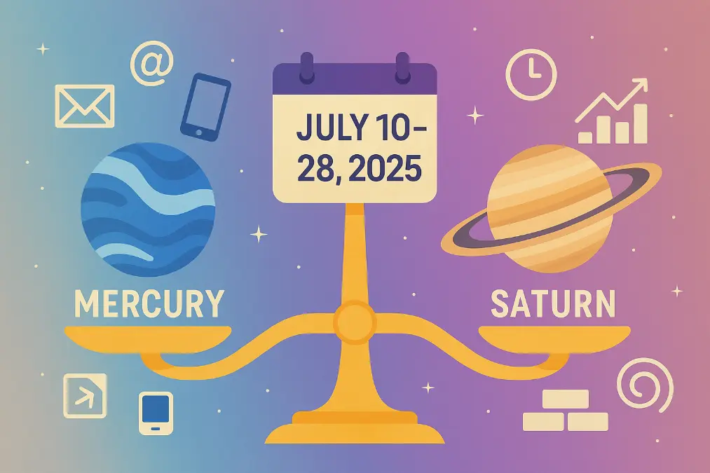 nfographic showing Mercury and Saturn balanced on a cosmic scale, with symbols of communication, travel, structure, and karma, and a glowing calendar highlighting July 10–28, 2025.