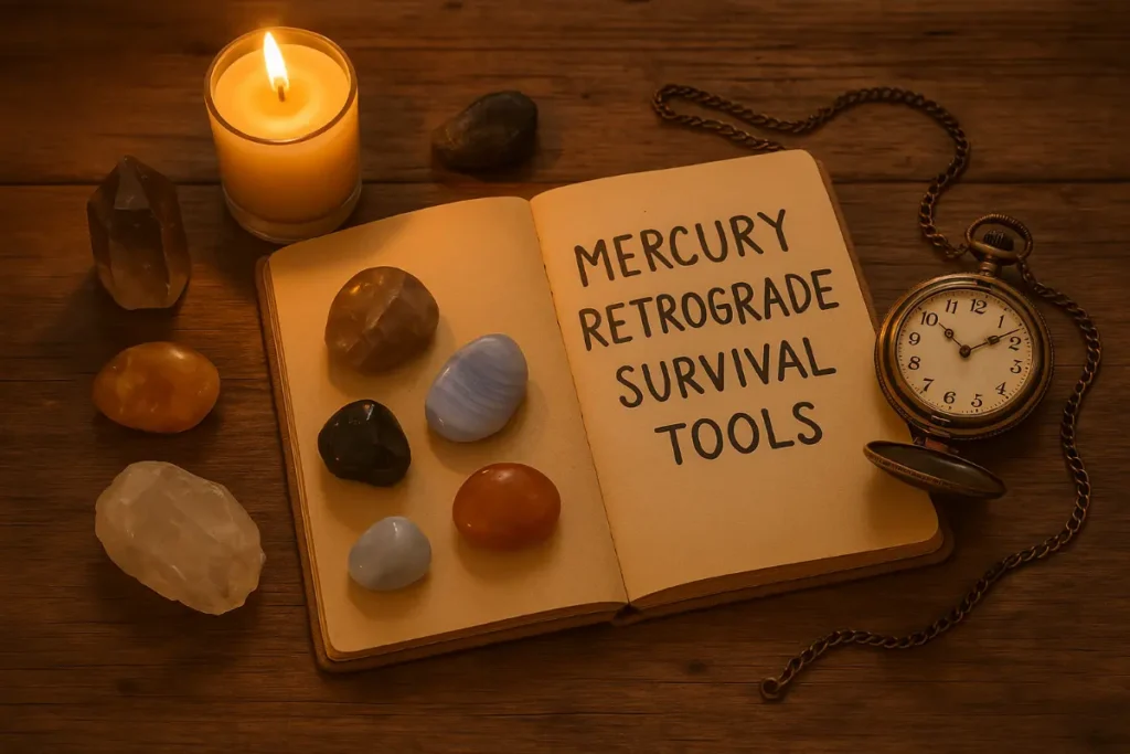 Flat lay of retrograde survival essentials including smoky quartz, blue lace agate, a lit candle, vintage pocket watch, and a journal on a wooden table with warm lighting