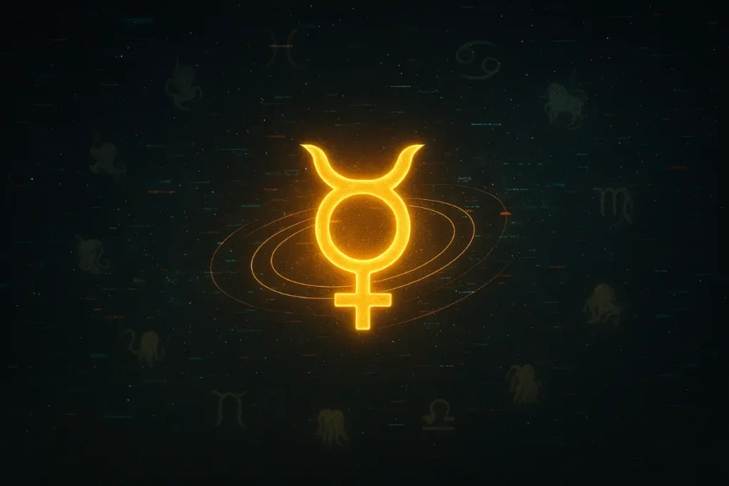 Futuristic Mercury retrograde symbol with orbit lines and digital glitch effects in cosmic zodiac space
