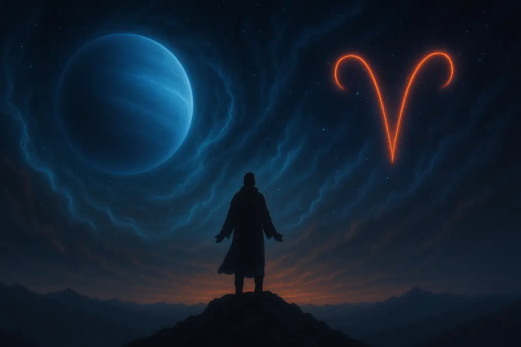 Glowing Neptune meets the fiery Aries symbol in a swirling celestial backdrop