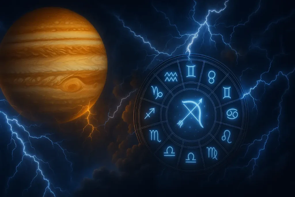 Jupiter surrounded by lightning clouds over a zodiac wheel