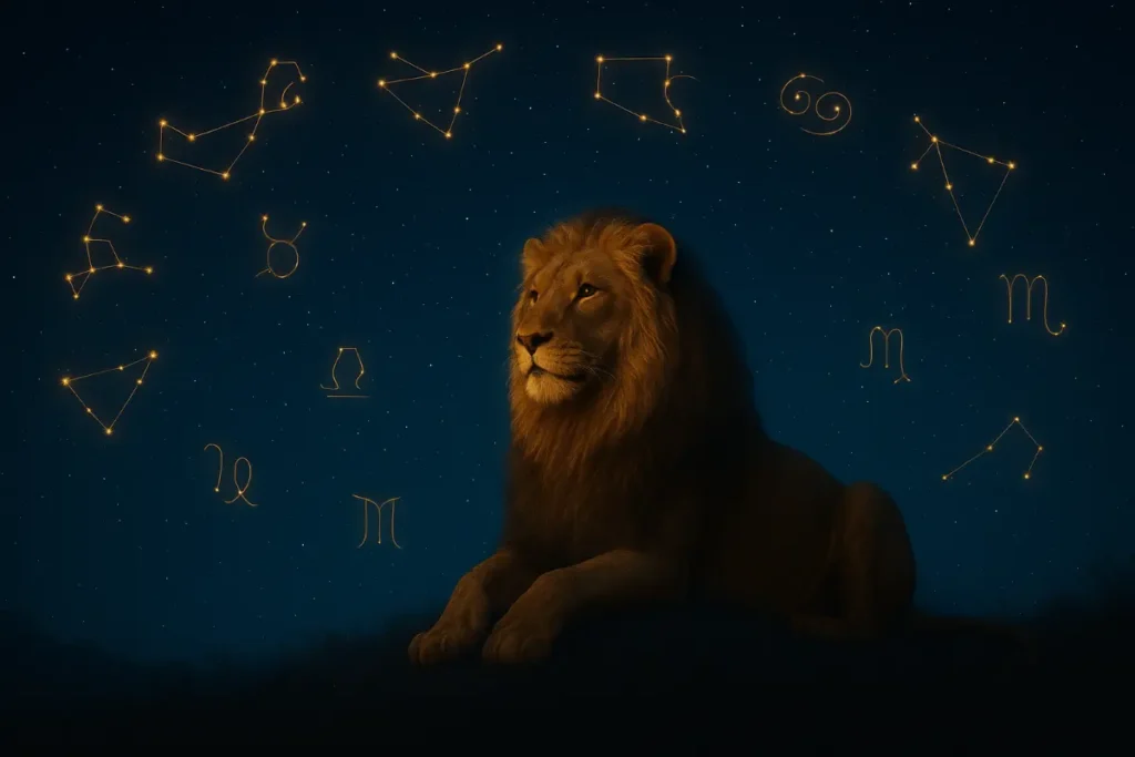 Majestic lion sitting beneath starry night sky with illuminated zodiac constellations in the background