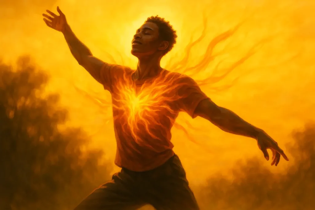 Person dancing confidently in golden sunlight with radiant aura and heart-centered flames, symbolizing inner strength and joy
