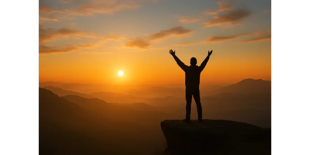 Silhouetted figure standing on cliff at sunrise with arms raised triumphantly, symbolizing empowerment and fearless intention-setting