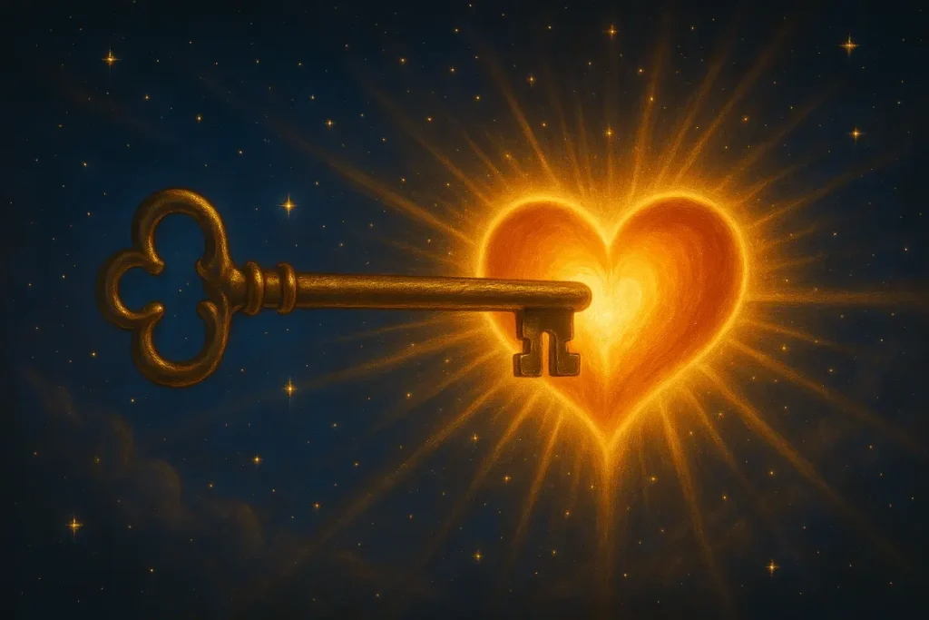 The Heart’s Key Unlocking Light Within” Alt Text for SEO “Symbolic key unlocking a glowing heart under celestial light, representing emotional healing, self-love, and inner transformation