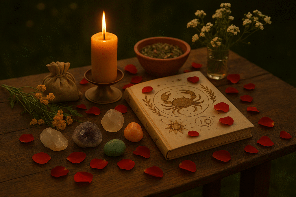 Ritual altar on a wooden table featuring a lit yellow candle, a small burlap pouch, sprigs of yellow flowers, assorted crystals (clear, purple, orange, green), scattered red rose petals, an astrology book with a crab illustration and symbols, a bowl of herbs, and a tiny vase of white blooms.