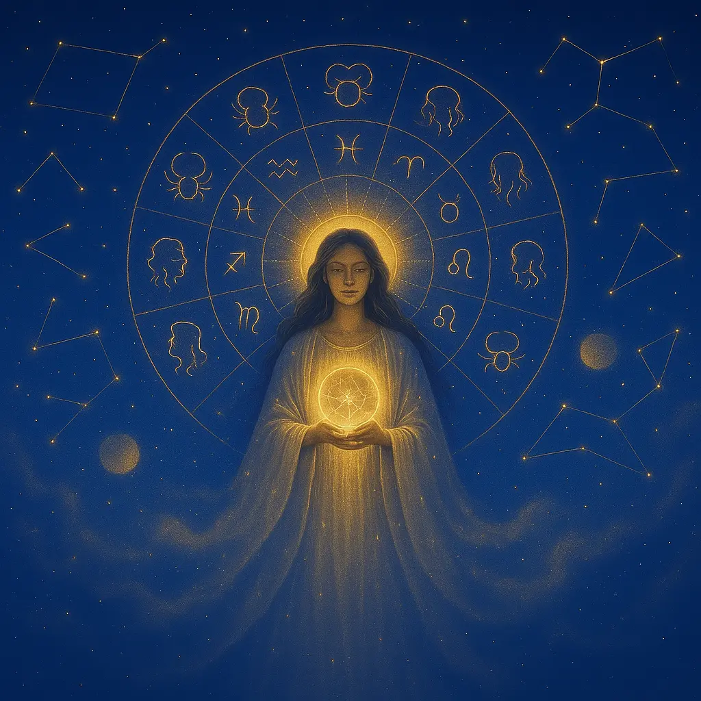 cosmic-goddess-zodiac-orb-divine-intuition erene celestial goddess standing at the center of a glowing zodiac circle, holding a radiant orb, with a starry galaxy sky and softly glowing constellations behind her, illuminated by golden light and nebula-like robes