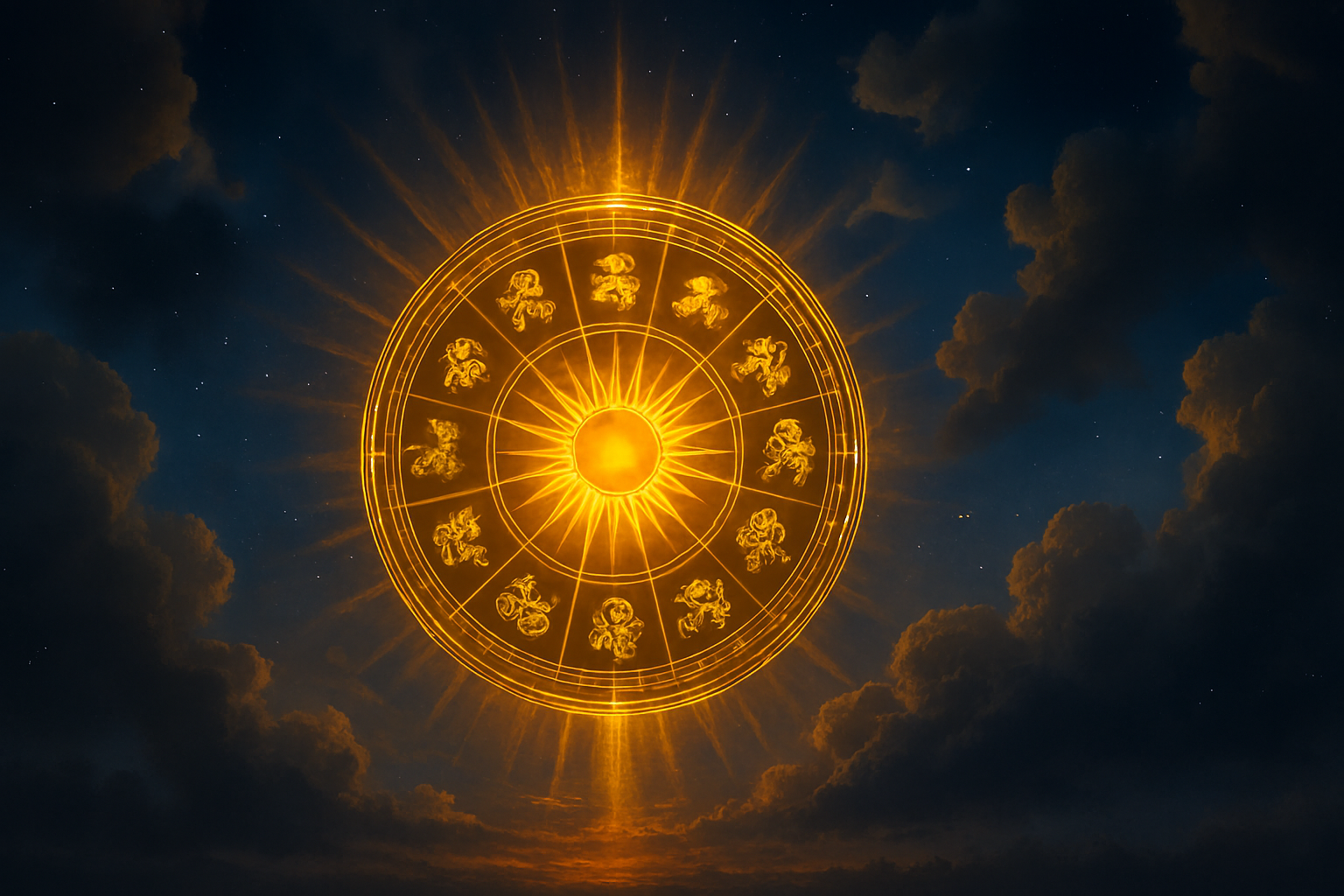 Glowing golden zodiac wheel with twelve astrological symbols encircling a radiant sun against a dark, mystical cloudy sky