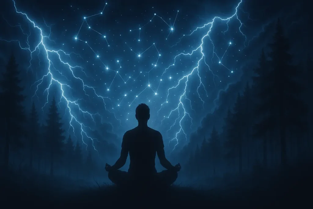 person meditating in a stormy forest with glowing stars person meditating in a stormy forest with glowing stars