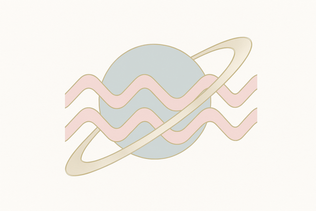 Abstract geometric art of Saturn’s rings intertwined with Aquarius wave symbols, featuring sleek lines and a pastel-meets-metallic color palette, symbolizing cosmic harmony and innovation.