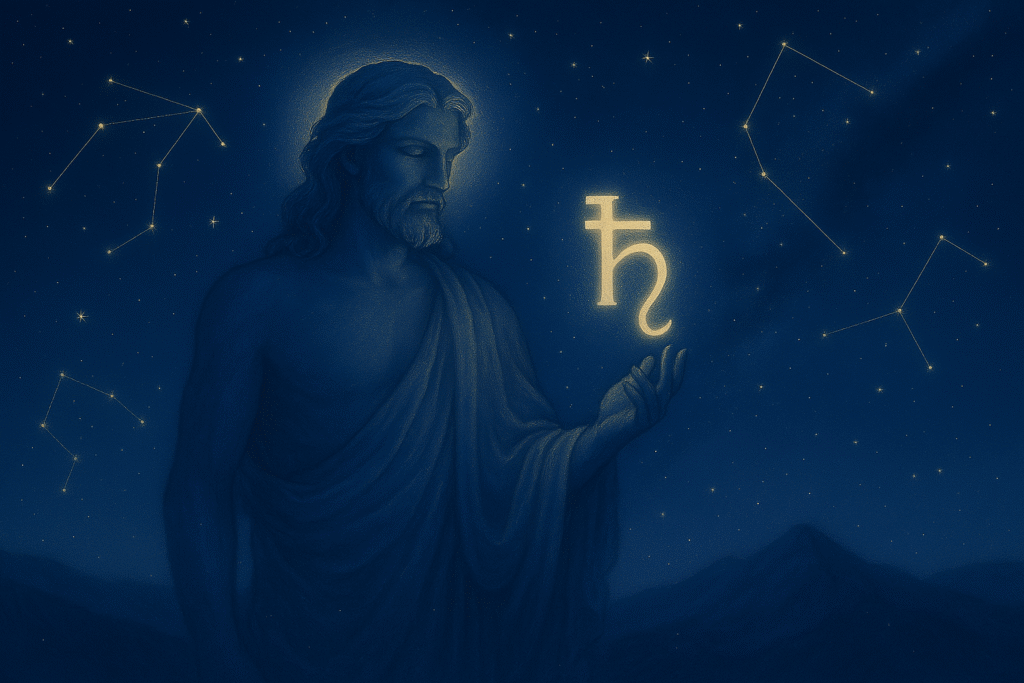 Mythic figure beneath a starry sky holding a glowing Saturn glyph, surrounded by Aquarian constellations in deep blue cosmic tones and ethereal ambiance