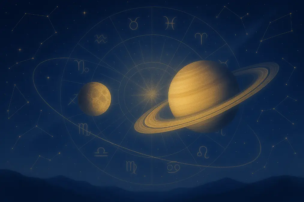 Mystical hero banner with Saturn and Mercury retrograding across a glowing zodiac wheel, surrounded by constellations, planetary orbits, and subtle zodiac icons in deep indigo and cosmic blue tones