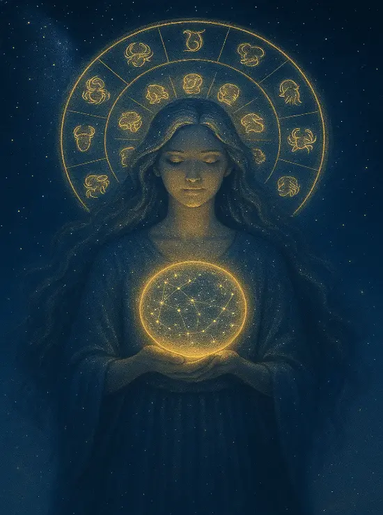 serene-woman-zodiac-halo-cosmic-spiritual-art Serene woman with flowing stardust hair standing beneath a glowing zodiac wheel, surrounded by celestial halo symbols and the Milky Way, holding a radiant star map orb under a mystical night sky