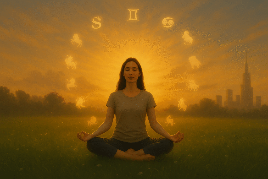 Person in a meditative pose on a grassy field at sunset, with zodiac symbols arranged in a circle above their head, blending mindfulness and cosmic astrology.