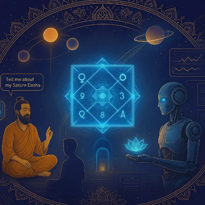 A futuristic digital mandala glowing in deep indigo