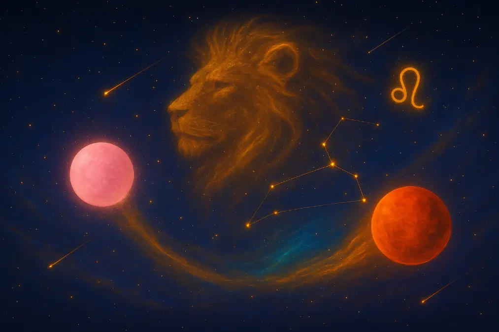 Astrology Banner – Venus Mars Alignment in Leo with Cosmic Golden Lion