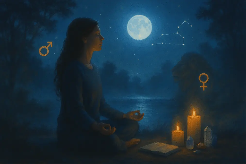 Blue Full Moon Manifestation Ritual by the Lake – Woman Meditating with Candles, Crystals, and Journal