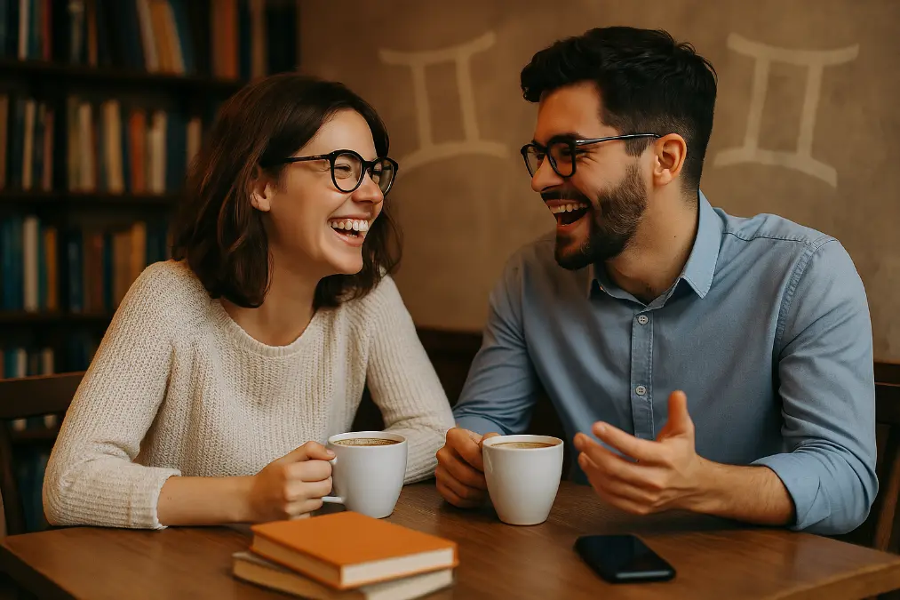 Gemini Couple Flirting Over Coffee – Intellectual Romance & Playful Connection