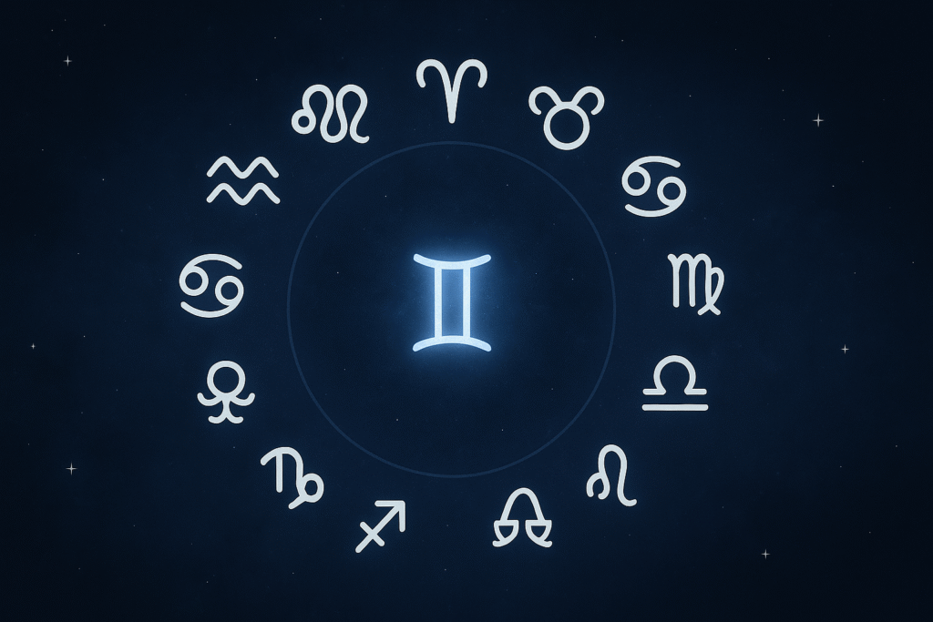 Circular zodiac graphic with all 12 astrological signs under a cosmic night sky, featuring Gemini highlighted in glowing silver-blue for mystical emphasis.