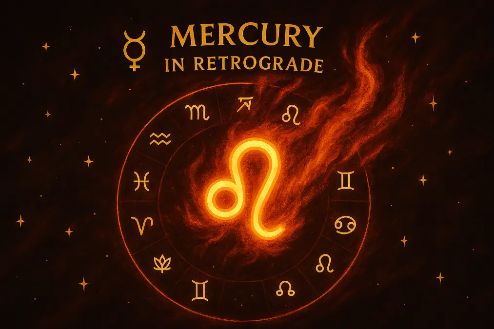 Astrological chart showing Mercury in retrograde with glowing Leo symbol surrounded by fiery energy and golden stars, symbolizing dramatic cosmic shifts and introspective power.
