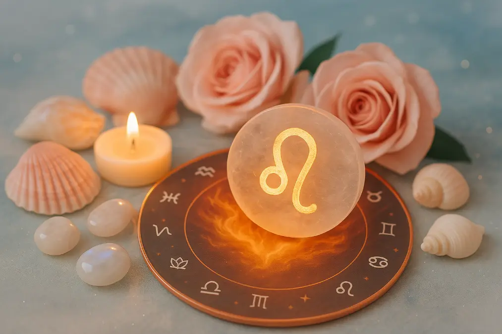 piritual altar inspired by Cancer and Venus featuring pink seashells, soft roses, moonstone crystals, a glowing candle, and Venus symbol engraved on a crystal plate, set against a dreamy oceanic background.”