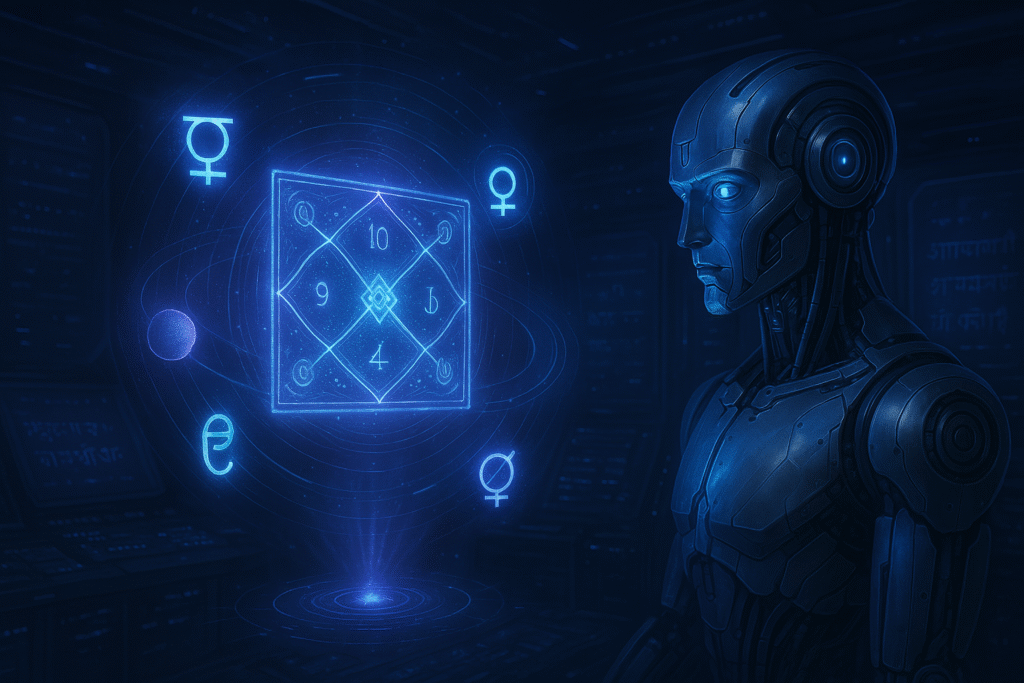 An advanced AI interface analyzes a glowing holographic Vedic birth chart, surrounded by orbiting planetary glyphs in a dark control room with Sanskrit script, blending mysticism and futuristic technology.