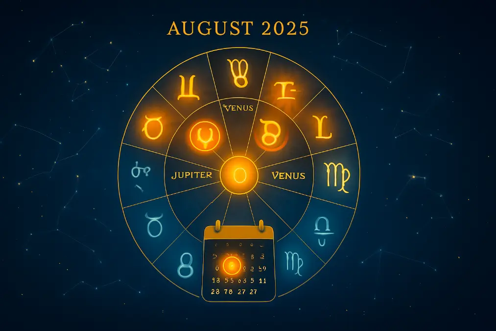 August 2025 astrology chart showing planetary alignments with Jupiter, Venus, and Mercury in conjunction. Leo, Virgo, and Aries are highlighted with golden accents against a cosmic backdrop of constellations and zodiac glyphs.