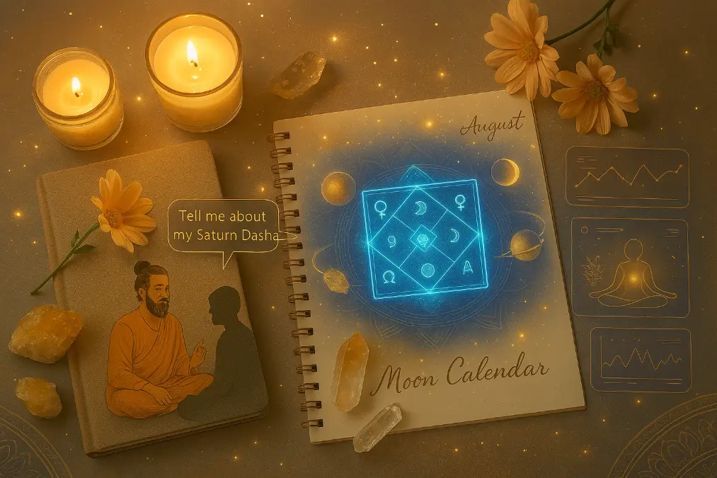 Flat lay of August manifestation rituals with citrine crystals, clear quartz, candles, journal, fresh flowers, and an open moon calendar illuminated by golden sparkles—symbolizing abundance and spiritual intention setting