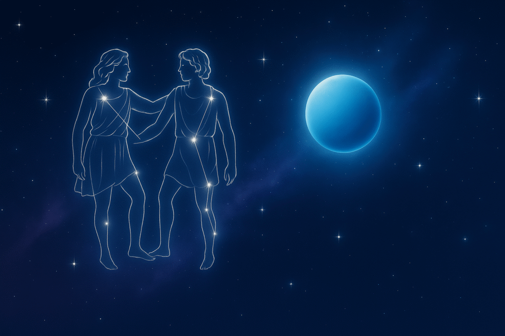 Celestial night sky with glowing Gemini twin constellation in white lines, luminous Uranus with bluish aura nearby, set against a deep cosmic blue and purple background with nebula clouds and shimmering stars
