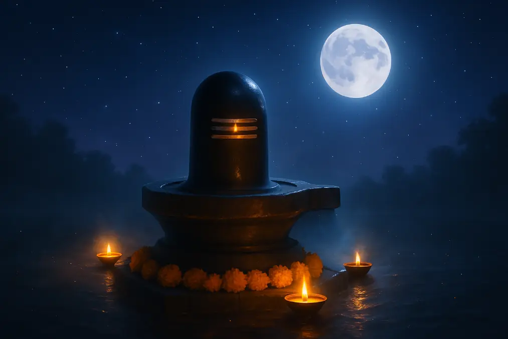 Serene night puja scene featuring a glowing black Shiva Linga under the full moon, surrounded by water, marigold flowers, and diyas with mystical mist and starry sky