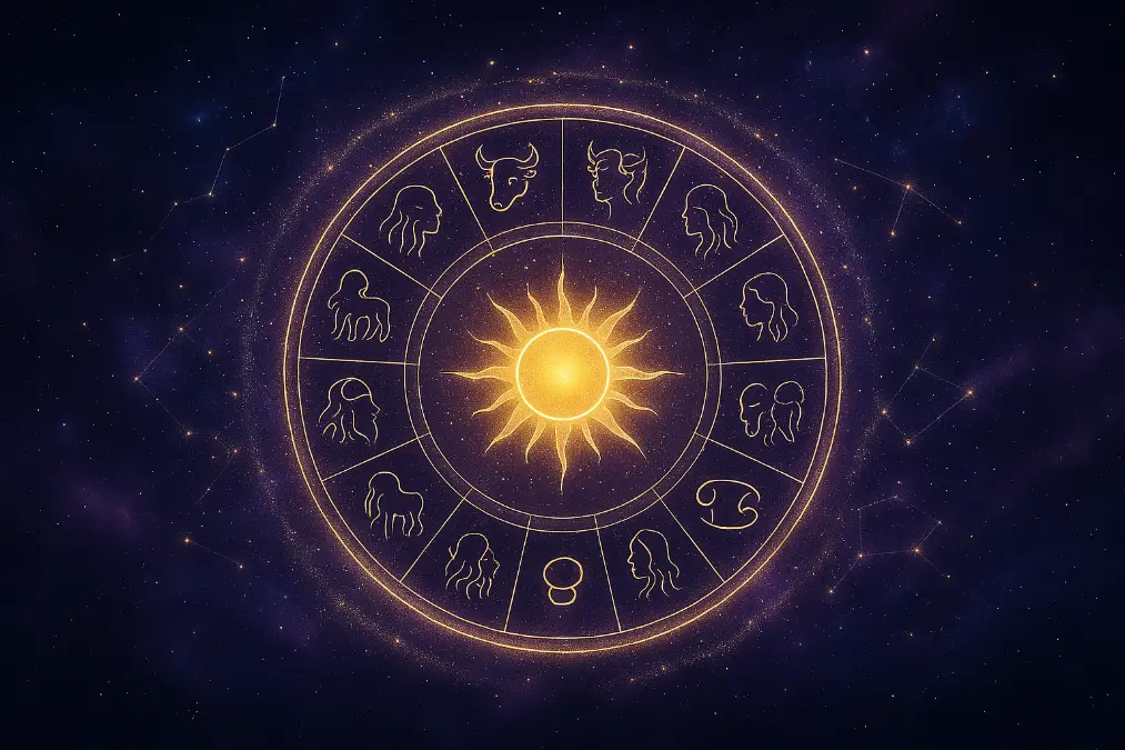 Fantasy-style illustration of a glowing zodiac wheel floating in deep space, encircled by shimmering constellations and vibrant stardust. All 12 zodiac signs radiate around a golden sun at the center, set against a rich cosmic background of purples and blues—ideal for horoscope and astrology content.