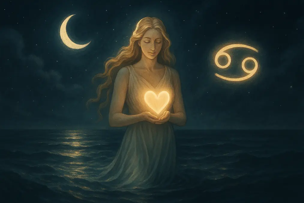 ymbolic illustration of Goddess Venus entering the Cancer zodiac, standing in a moonlit ocean and holding a heart-shaped emblem. The scene evokes emotional depth, nurturing energy, and divine femininity with celestial grace.
