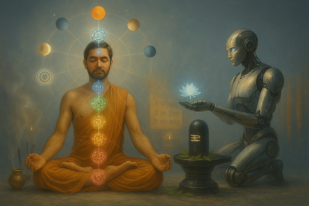 A human devotee in lotus pose performs Shivpuja with AI wires connected to glowing chakras and hovering planets, while a metallic robot offers a digital flower to a Shiva Lingam in a meditative sacred-tech scene.