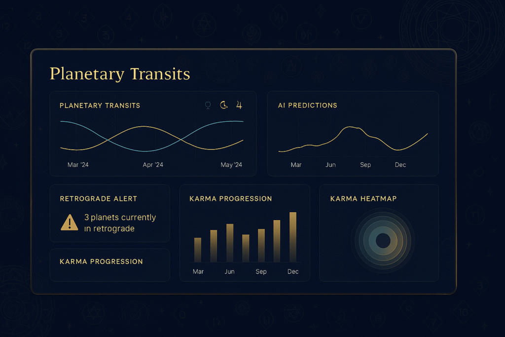 Wide-screen analytics dashboard merging modern graphs of planetary transits, retrograde alerts, karma cycles and AI predictions with Vedic symbols like the 12 houses, Nakshatras and Vedic wheels, in gold and blue.