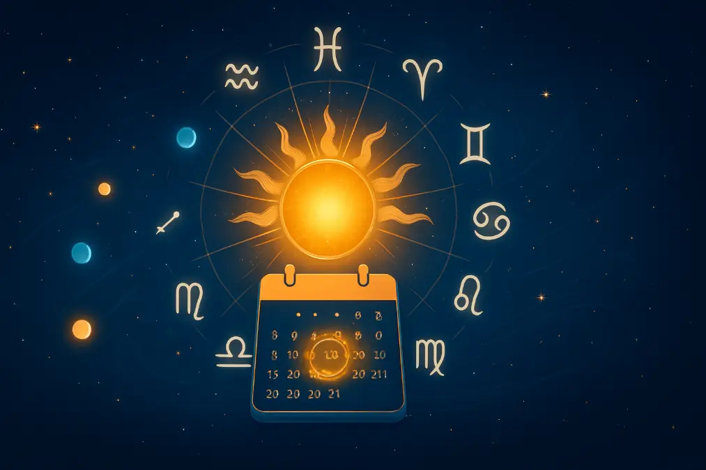 Mystical celestial calendar highlighting a lucky day in astrology, featuring glowing zodiac symbols, radiant golden sun, and starry cosmic background with planets in alignment.