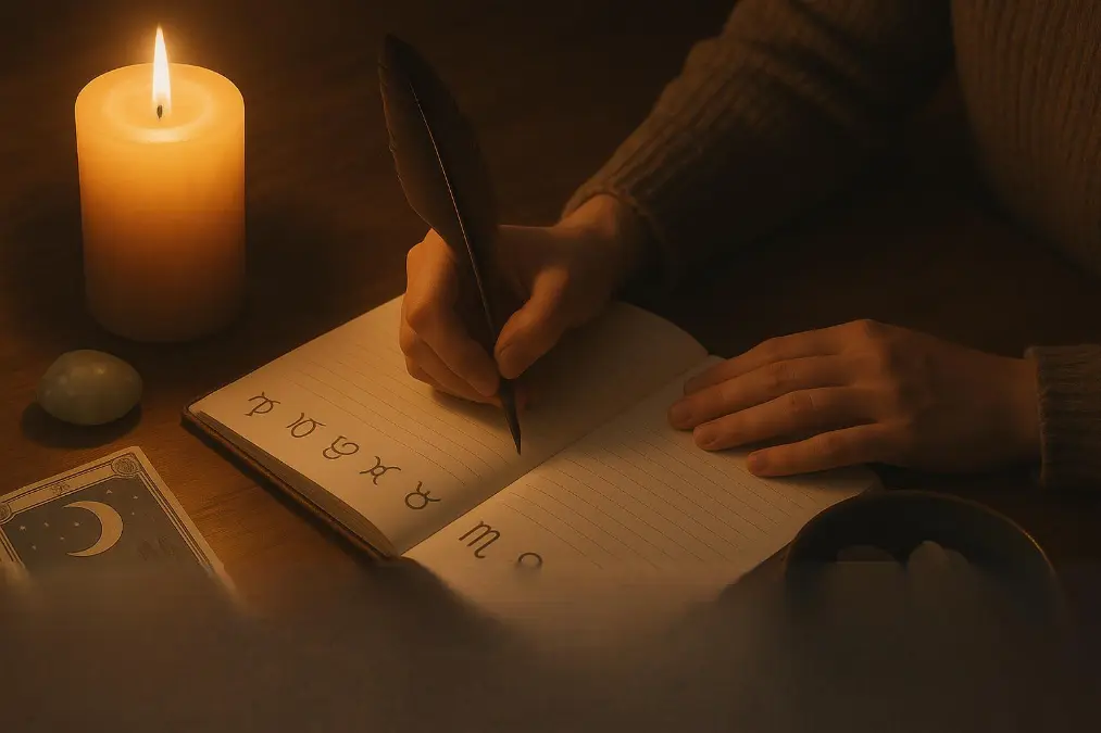 Peaceful moon ritual scene with a person journaling by candlelight in a dimly lit room, feather pen writing in a leather-bound journal beside a bowl of water with floating flower petals and quartz crystal, evoking emotional healing and introspection