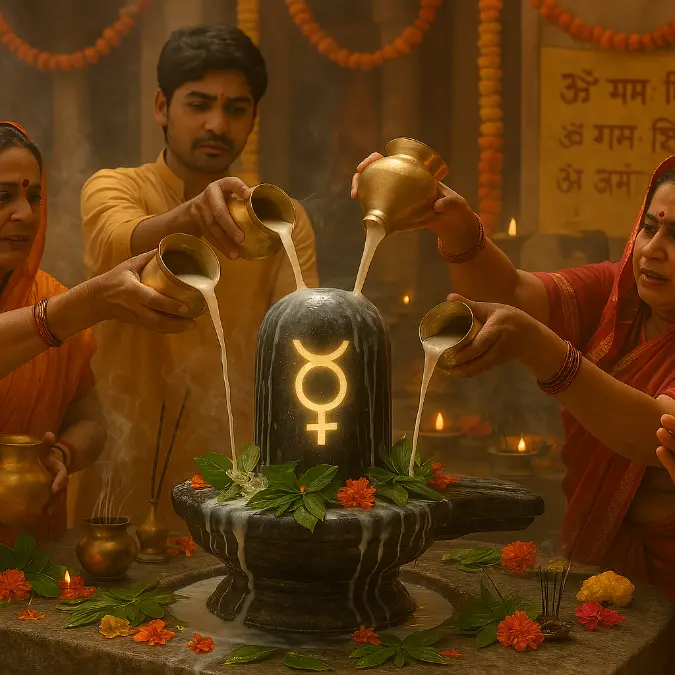 Devotees in traditional attire performing Rudrabhishek by pouring milk over a large Shiva Linga, with kalash pots, flowers, incense smoke, and temple background during puja rituals.