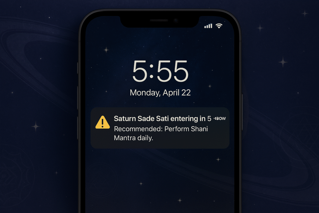 Smartphone lock screen on a cosmic background showing a warning: ‘⚠️ Saturn Sade Sati entering in 5 days. Recommended: Perform Shani Mantra daily.’ Time displayed as 5:55 AM.