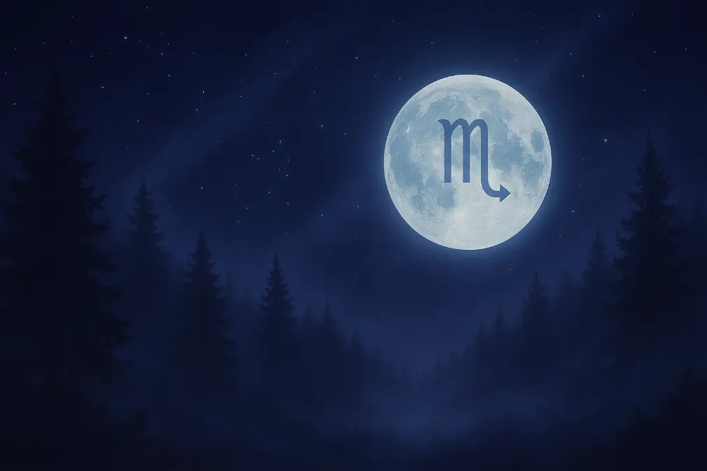 Glowing full moon adorned with Scorpio zodiac symbol floating above a dark, foggy forest at night, surrounded by tall pine trees, swirling mist, and faint stars in a magical midnight blue and violet atmosphere
