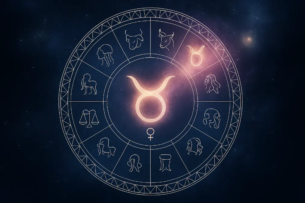 Mandala-style zodiac chart featuring all 12 zodiac signs, with Taurus highlighted in a glowing pink-white aura and the Rohini Nakshatra marked by divine shimmer. Centered Venus glyph and soft cosmic background textures evoke a Vedic-modern spiritual aesthetic.