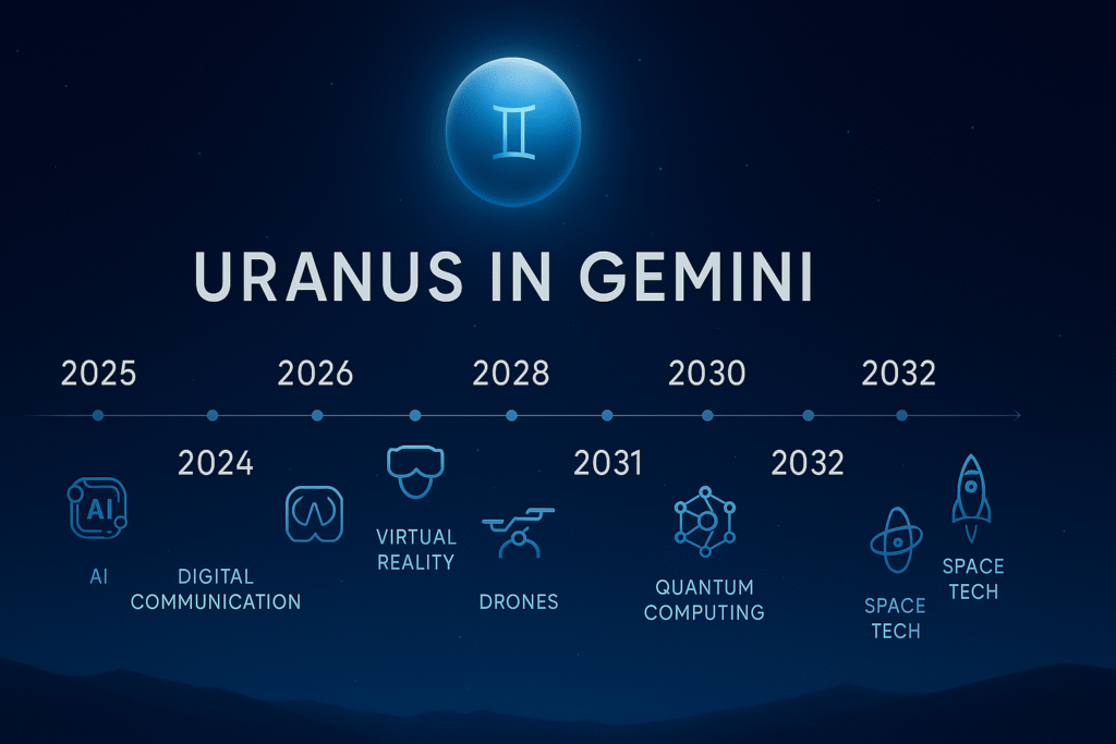Modern infographic showing Uranus in Gemini transit from 2025 to 2033, with a horizontal timeline, icons for AI, digital communication, VR, drones, neural networks, quantum computing, and space tech, glowing Uranus and Gemini symbol, in deep space blues and tech gradients