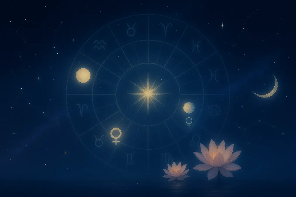 Mystical zodiac wheel glowing in a celestial night sky, featuring planets Venus and Mercury highlighted among softly shining constellations, evoking a spiritual and magical atmosphere