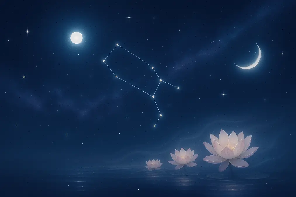 Majestic cosmic night sky with radiant Venus shining above the Rohini Nakshatra in Taurus, illuminated by moonlight, soft galactic clouds, and floating white lotus flowers in the foreground, evoking a dreamy and spiritual ambiance