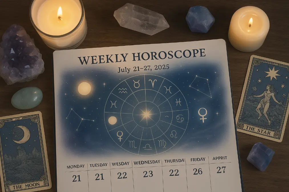 Aesthetic weekly horoscope planner featuring zodiac symbols and calendar dates from July 21 to 27, 2025, surrounded by crystals, candles, and tarot cards in a stylish editorial layout