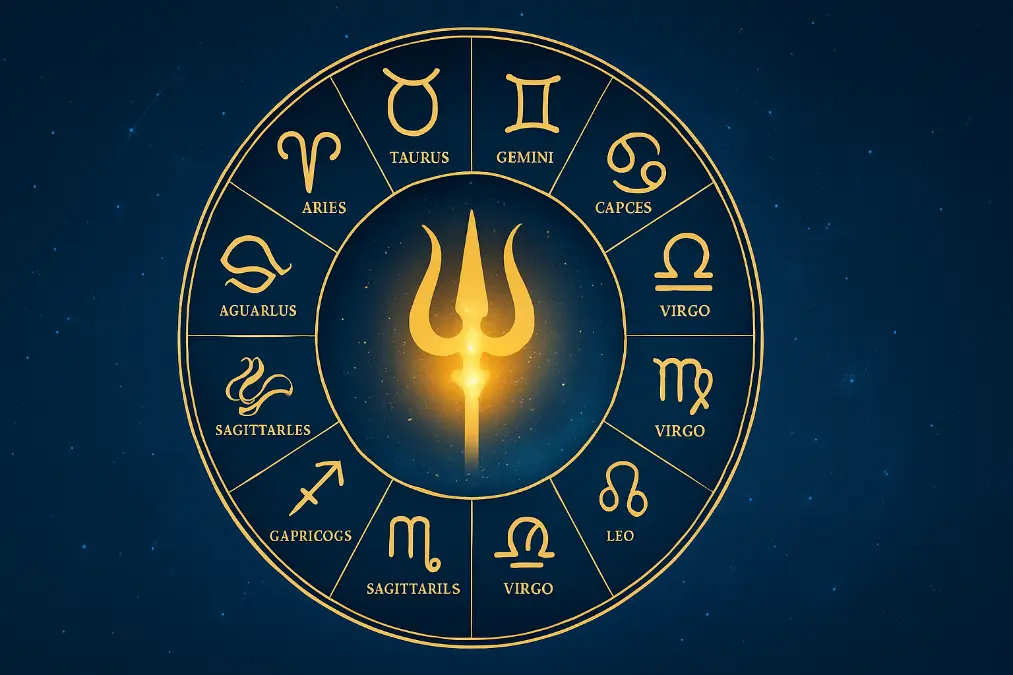 Mandala-style design of 12 zodiac signs encircling a glowing Shiva Trishul, set in celestial midnight blue and gold hues with constellations and radiant light textures