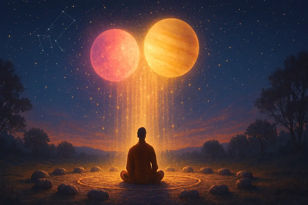 Two glowing planets, Venus and Jupiter, entwined in golden and pink auras against the Gemini constellation backdrop, illuminating a meditation circle below in a radiant display of cosmic harmony.