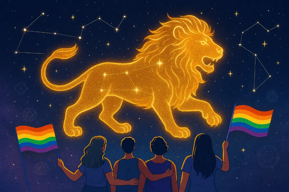 Radiant golden lion glowing in the night sky with fiery mane and sparkling constellations, symbolizing Leo Season. Below, queer individuals wave rainbow flags under the stars, celebrating courage, authenticity, and self-expression.