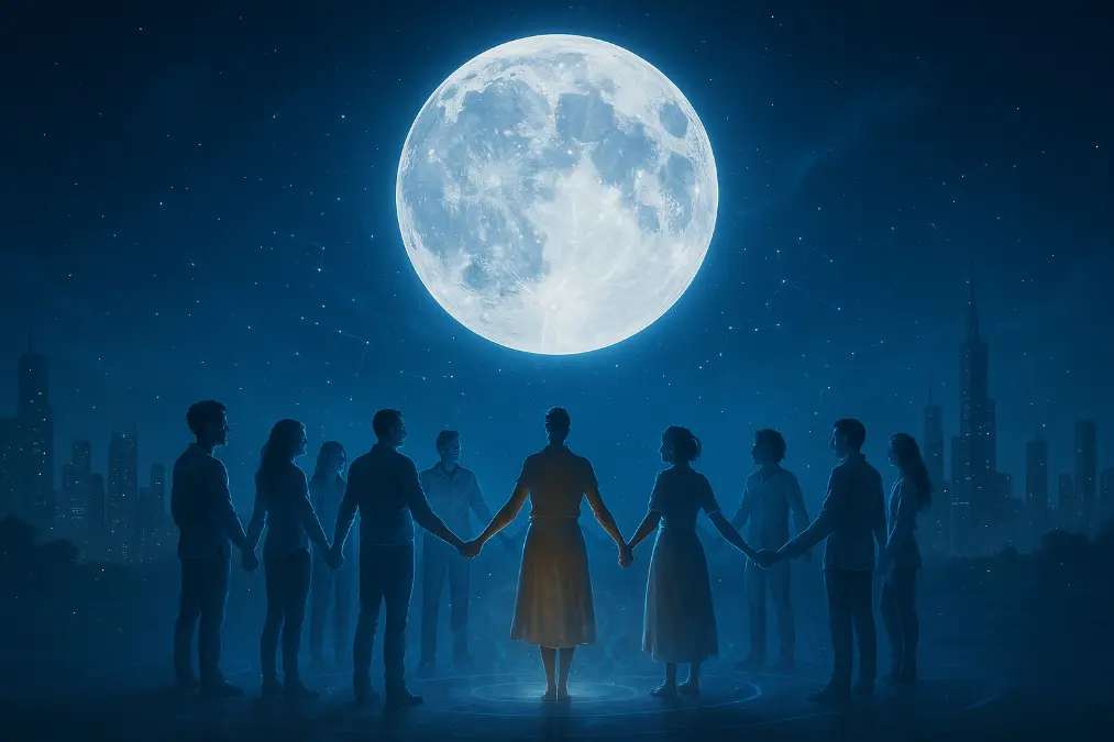 Mystical full moon rising over a futuristic city with diverse people holding hands in a glowing blue and silver circle, symbolizing the Aquarius Full Moon of August 9, 2025 and collective healing.