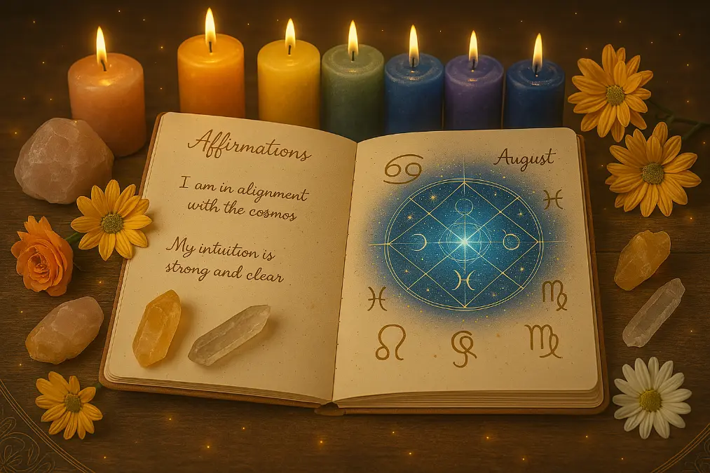 A cosmic journal on a wooden altar surrounded by rainbow candles, rose quartz, citrine crystals, and fresh flowers, its open pages displaying zodiac sign affirmations for Cancer, Sagittarius, Pisces, Scorpio, and Virgo, symbolizing intention-setting rituals.